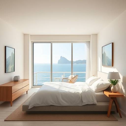 Quarto com vista para o mar, design clean e cores claras, projeto no Rio de Janeiro.