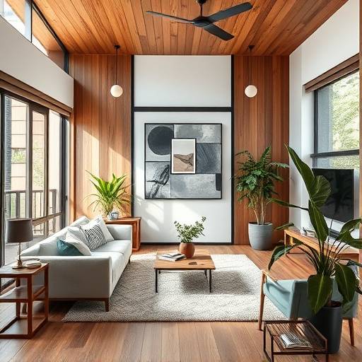 Sala de estar moderna com detalhes em madeira e plantas, projeto em São Paulo.